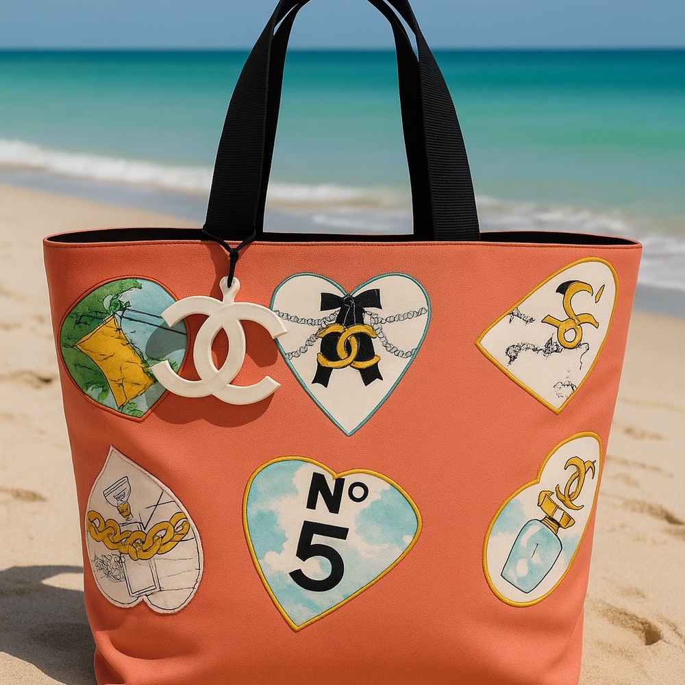 Chanel Coco Valentine beach tote with Iconic Heart Patches